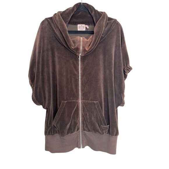 JUICY COUTURE Logo BROWN Sweatshirt VELOUR Shirt Short Sleeve Cowl V Neck sz L - Picture 1 of 7
